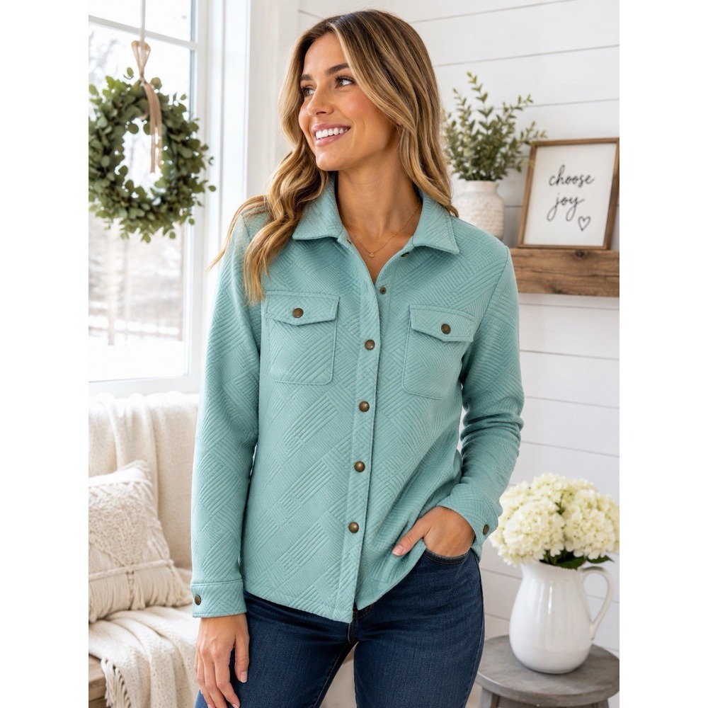 PrettyGarden Women's Small Teal Quilted Shacket Snap Front Jacket NWT
